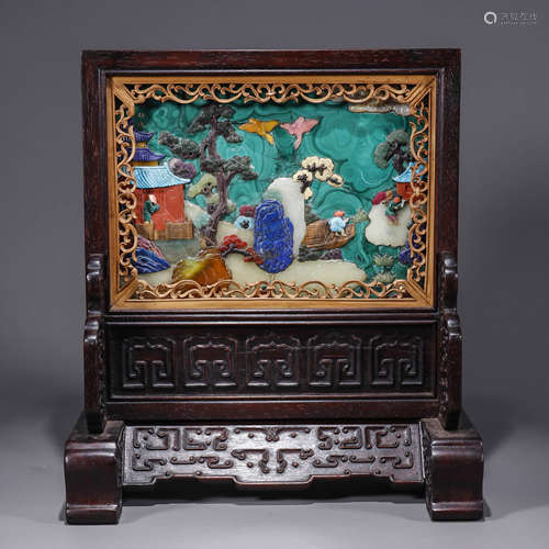 A Chinese Hongmu Wood Table Screen Inlaid with Gems Marked N...