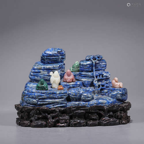 A Chinese Lapis Carving of Mountains and Stand Marked Qian L...