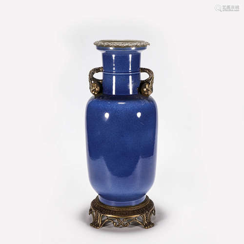 A Chinese Porcelain Blue-Glazed Vase Marked Kang Xi