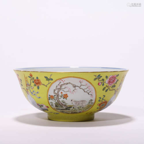 A Chinese Porcelain Famille-Rose Yellow Ground Ram Pattern B...