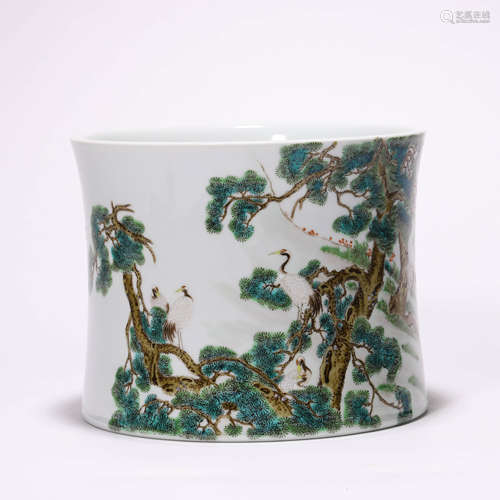 A Chinese Porcelain Famille-Rose Crane and Pines Brush Pot M...