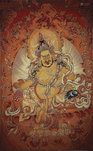 A Chinese Silk Thangka of Yellow Jambhala