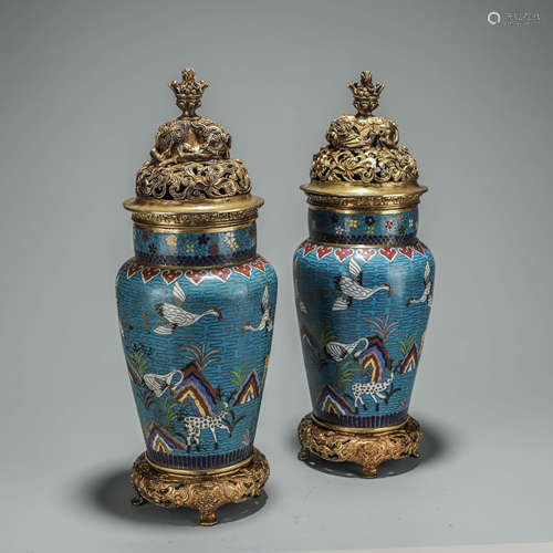 A Pair of Chinese Cloisonne Enamelled Longevity Vases Marked...