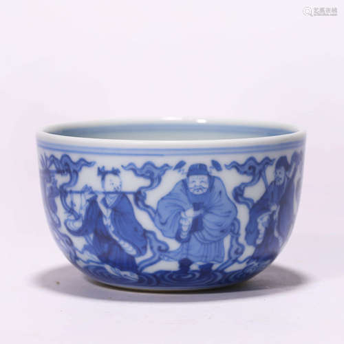 A Chinese Porcelain Blue and White Eight Immortals Bowl Mark...