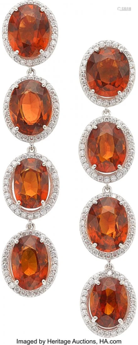 Hessonite Garnet, Diamond, White Gold Earrings