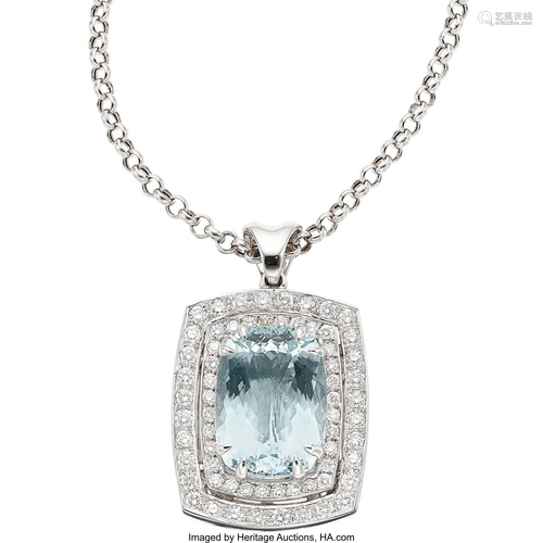 Aquamarine, Diamond, White Gold Pendant-Necklace