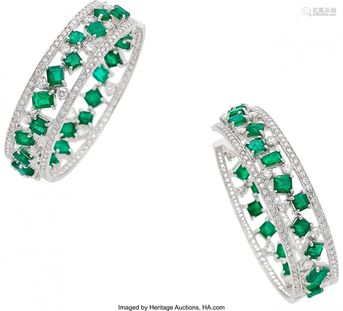 Emerald, Diamond, White Gold Earrings Stones