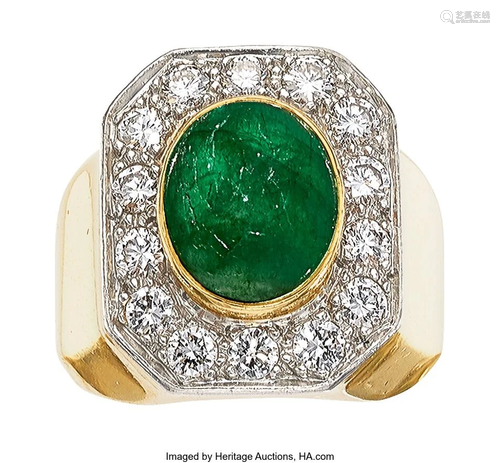 Emerald, Diamond, Platinum-Topped Gold Ring Sto