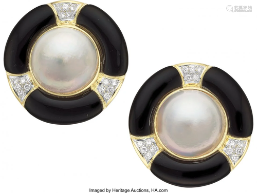 Mabe Pearl, Diamond, Black Onyx, Gold Earrings