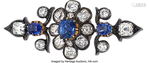 Antique Sapphire, Diamond, Silver-Topped Gold Br