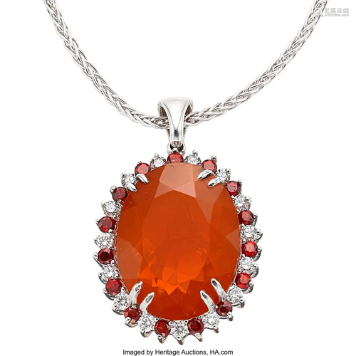 Fire Opal, Garnet, Diamond, White Gold Pendant-N