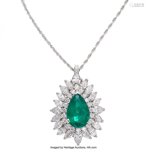 Emerald, Diamond, Platinum, White Gold Necklace