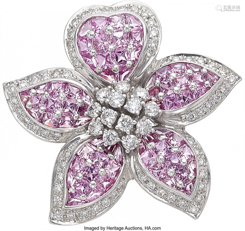 Pink Sapphire, Diamond, White Gold Brooch Ston