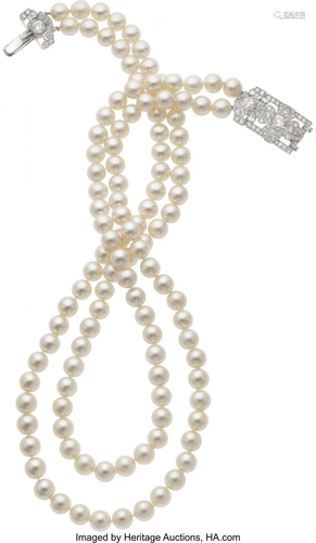 Diamond, Cultured Pearl, Platinum Necklace Ston