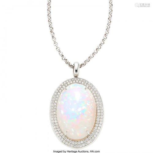 Opal, Diamond, White Gold Pendant-Necklace Ston