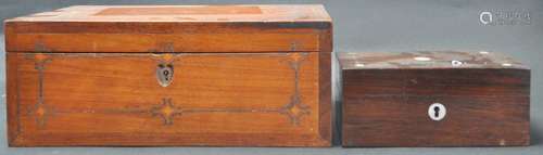 PAIR OF VICTORIAN MAHOGANY BOXES, ONE WITH FITTED INTERIOR.