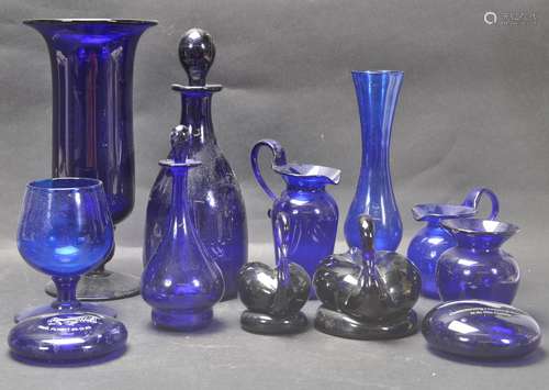 COLLECTION OF 20TH CENTURY BRISTOL BLUE GLASS.