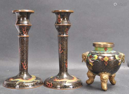 TWO CHINESE ORIENTAL ENAMEL CLOSIONNE CANDLESTICKS AND A BRU...
