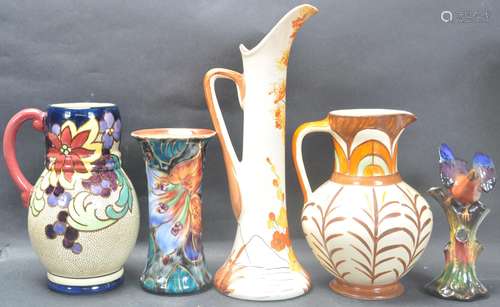 GROUP OF FIVE ART DECO VASES TO INCLUDE BURLEIGH WARE, MYOTT...