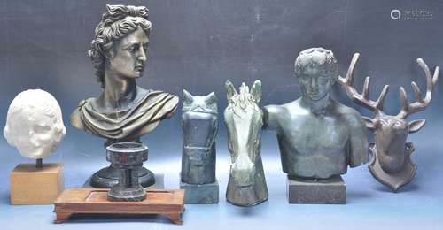 GROUP OF RESIN AND PLASTER BRONZE EFFECT GREEK BUSTS AND STA...