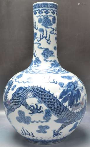 QING DYNASTY CHINESE ORIENTAL BLUE AND WHITE DRAGON AND PHOE...