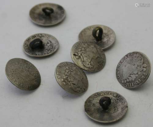 A set of eight silver coins 1700/1712 made into buttons, 'Fr...