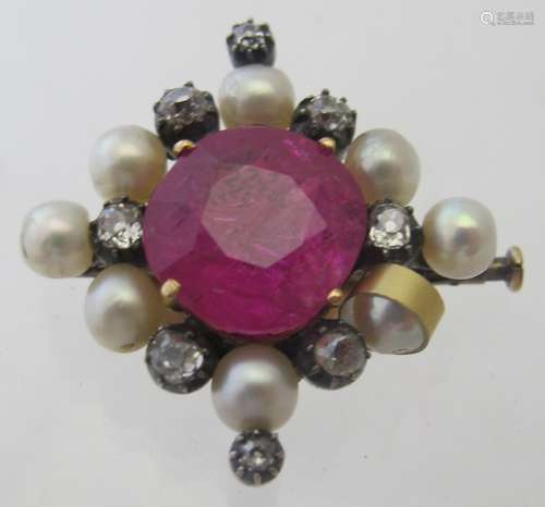 A ruby, pearl and diamond cruciform brooch,