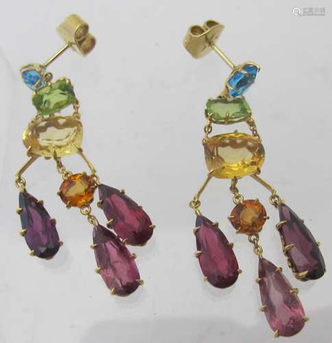 A pair of 18ct gold semi precious drop earrings, consisting ...