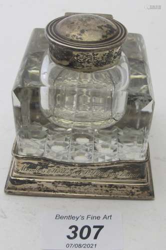 A square glass inkwell with hobnail cut base with silver mou...