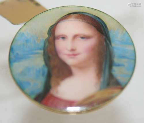 A superb enamelled brooch of the Mona Lisa, tested as 18ct y...