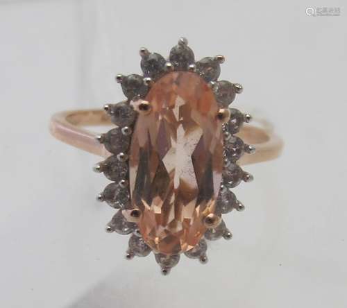 Brazilian rose quartz ring, size Q, overall marquise setting...