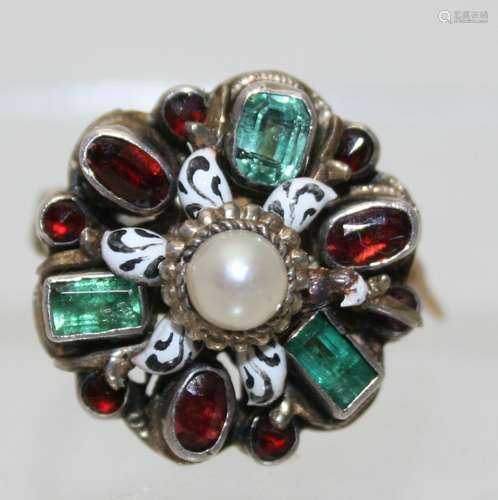 An Austro-Hungarian white metal dress ring, set with three e...