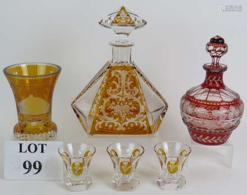 A Bohemian glass amber flash cut liqueur decanter with three...