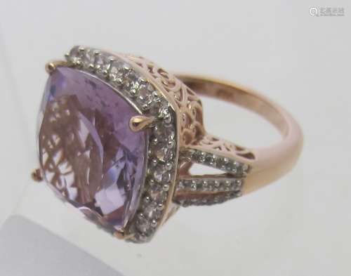 Rose de France amethyst cushion cut ring, size Q, overall se...