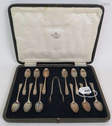 A set of twelve silver coffee spoons and sugar tongs, Sheffi...