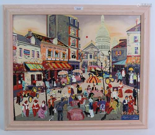 French School (1980's) - 'Busy Paris Street Scene', oil on c...