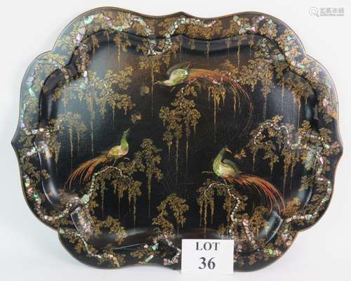 A 19th Century black lacquered papier mache tray with inset ...