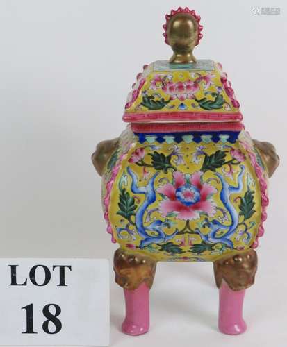 A Chinese porcelain covered censer hand decorated on a yello...