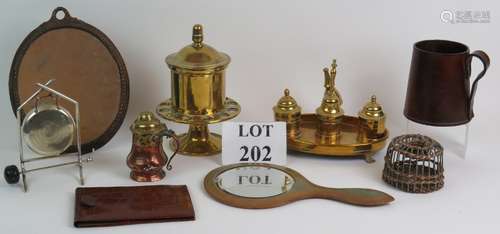 A selection of desktop collectables including a brass ink st...