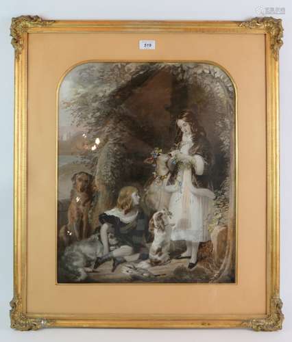 A 19th Century coloured engraving, sentimental scene with gi...