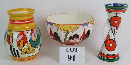 Three Clarice Cliff Wedgwood pieces including Circles and Sq...