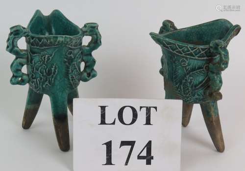 A pair of antique Chinese pottery Ming style green glazed tr...