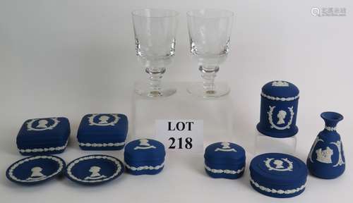 Eight pieces of Wedgwood blue Jasperware commemorating the Q...