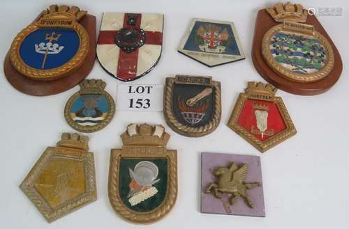 Ten vintage Royal Navy ship's crest plaques, two with mahoga...