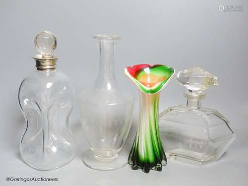 A silver-mounted decanter, a carafe vase and an Art Deco sce...