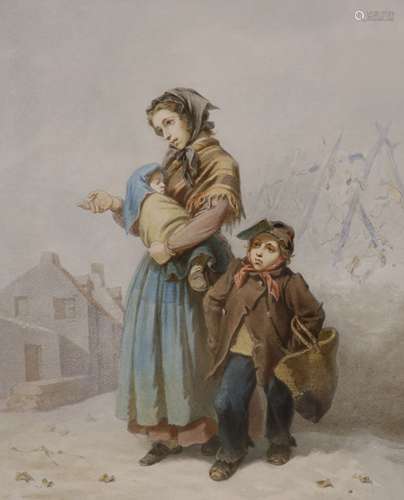 J. Marohn (19th C.), watercolour, Mother and children in win...