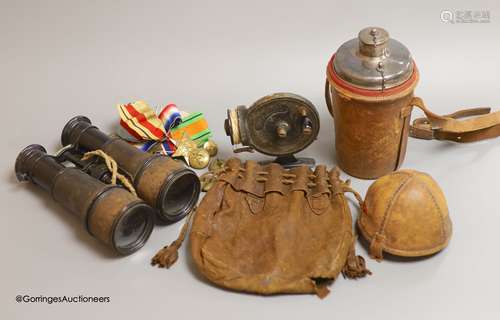 A leather cased flask and cups, various WWI and WWII medals,...