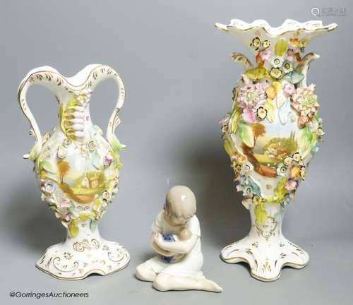 A Royal Copenhagen figure and a pair of Coalport style vases...