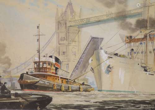 Harold Ing (1900-1973), gouache, Tug beneath Tower Bridge, s...