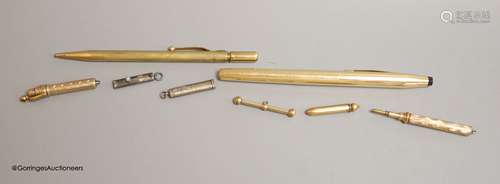 Rolled gold pens and pencils including a T-bar and two silve...